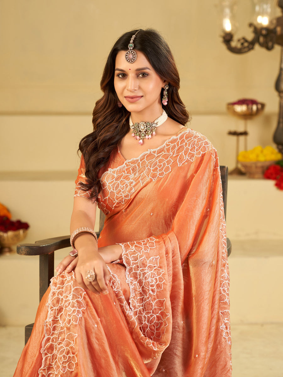 Peach Orange Fendy Satin Saree with White Floral Embroidery Border | Designer Festive Wear Saree with Blouse