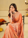 Peach Orange Fendy Satin Saree with White Floral Embroidery Border | Designer Festive Wear Saree with Blouse