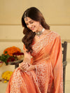 Peach Orange Fendy Satin Saree with White Floral Embroidery Border | Designer Festive Wear Saree with Blouse