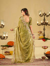 Olive Green Fendy Satin Saree with Multicolor Floral Embroidery Border | Designer Festive Party Wear Saree with Blouse