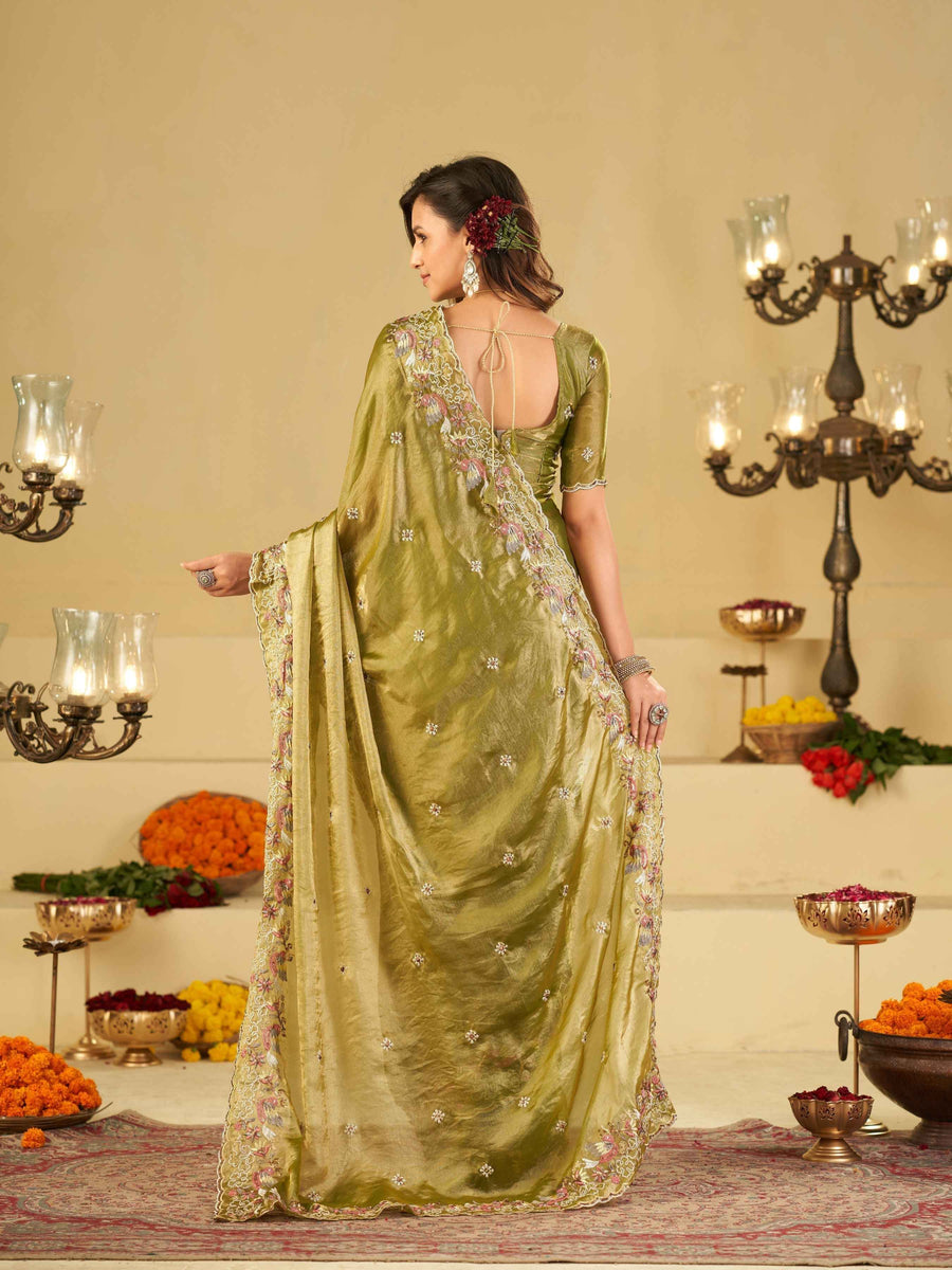 Olive Green Fendy Satin Saree with Multicolor Floral Embroidery Border | Designer Festive Party Wear Saree with Blouse