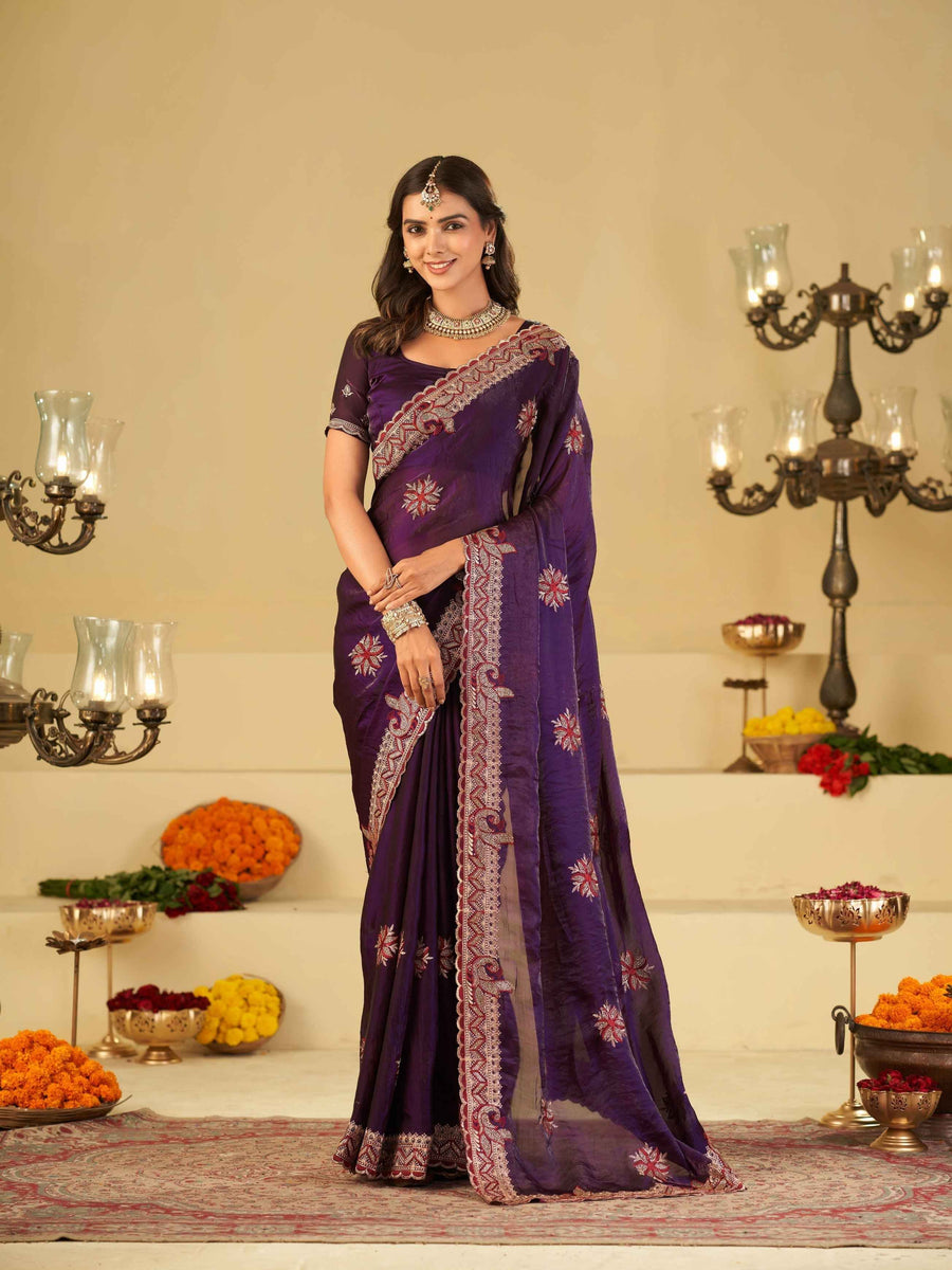Royal Purple Designer Fendy Satin Saree with Floral Embroidery Work | Premium Wedding Party Wear Saree with Heavy Embroidered Border & Blouse