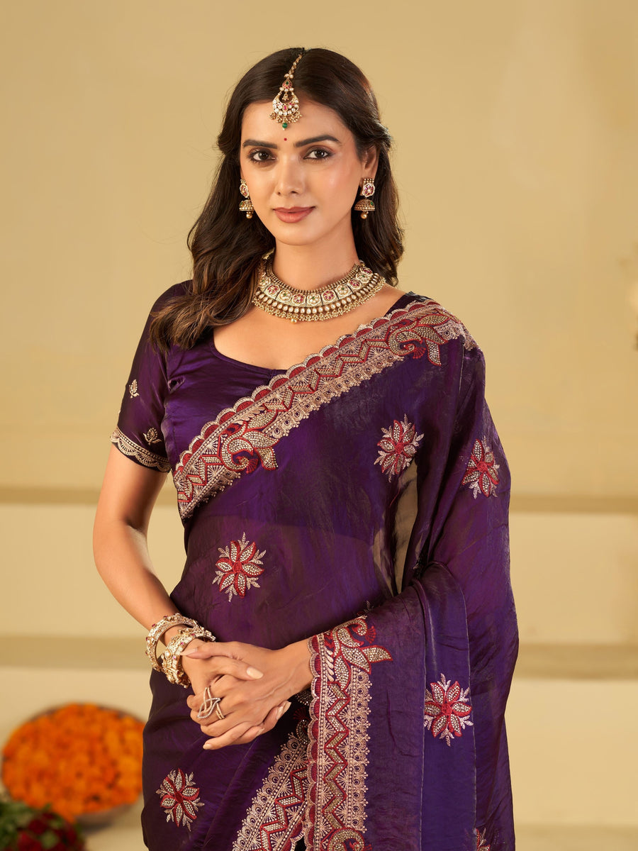 Royal Purple Designer Fendy Satin Saree with Floral Embroidery Work | Premium Wedding Party Wear Saree with Heavy Embroidered Border & Blouse