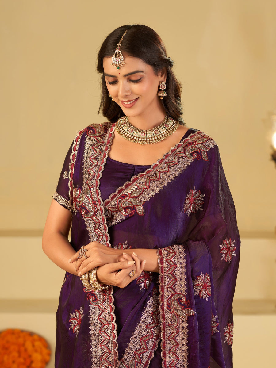 Royal Purple Designer Fendy Satin Saree with Floral Embroidery Work | Premium Wedding Party Wear Saree with Heavy Embroidered Border & Blouse