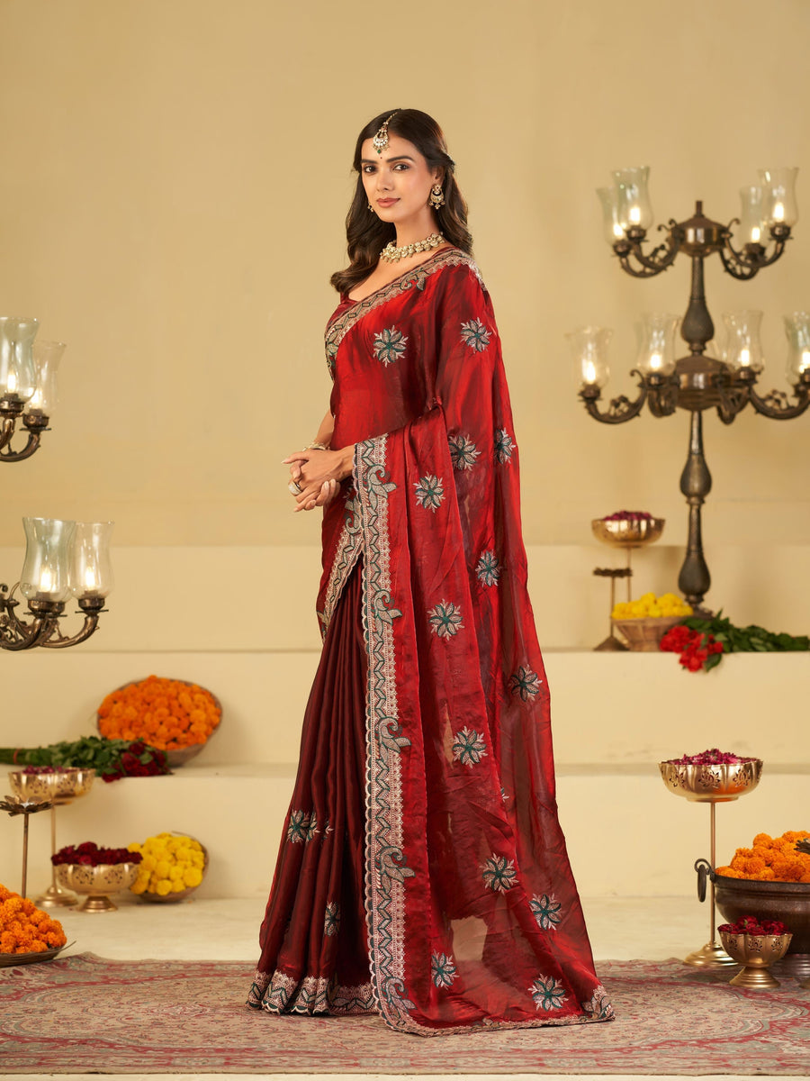 Ruby Red Designer Fendy Satin Saree with Floral Embroidery Work | Premium Wedding Party Wear Saree with Heavy Embroidered Border & Blouse