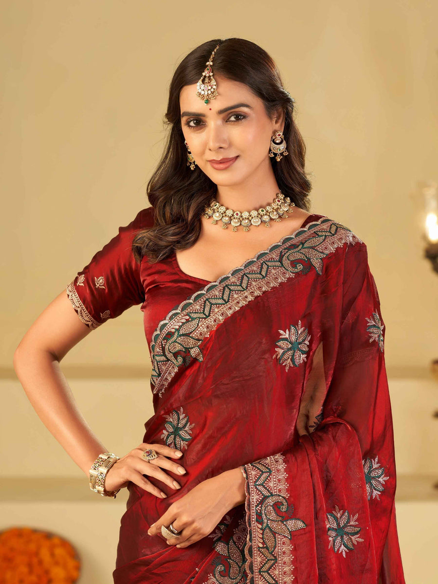 Ruby Red Designer Fendy Satin Saree with Floral Embroidery Work | Premium Wedding Party Wear Saree with Heavy Embroidered Border & Blouse