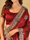 Ruby Red Designer Fendy Satin Saree with Floral Embroidery Work | Premium Wedding Party Wear Saree with Heavy Embroidered Border & Blouse