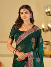 Emerald Green Designer Fendy Satin Saree with Heavy Floral Embroidery Work | Premium Wedding Party Wear Saree with Embroidered Border & Blouse