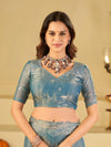 Sky Blue Fendy Satin Saree with White Floral Embroidery Border | Designer Party Wear Saree with Blouse