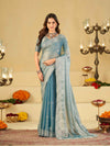 Sky Blue Fendy Satin Saree with White Floral Embroidery Border | Designer Party Wear Saree with Blouse