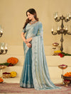 Sky Blue Fendy Satin Saree with White Floral Embroidery Border | Designer Party Wear Saree with Blouse