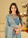 Sky Blue Fendy Satin Saree with White Floral Embroidery Border | Designer Party Wear Saree with Blouse