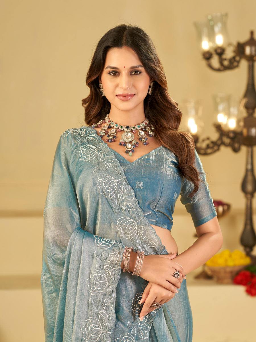 Sky Blue Fendy Satin Saree with White Floral Embroidery Border | Designer Party Wear Saree with Blouse
