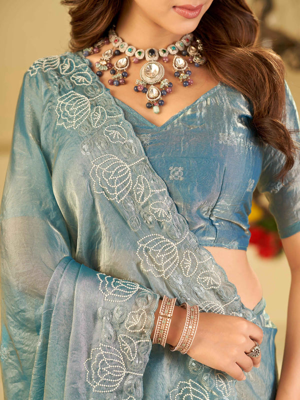 Sky Blue Fendy Satin Saree with White Floral Embroidery Border | Designer Party Wear Saree with Blouse