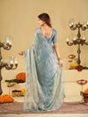 Sky Blue Fendy Satin Saree with White Floral Embroidery Border | Designer Party Wear Saree with Blouse