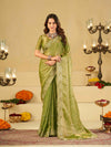 Pista Green Fendy Satin Saree with White Floral Embroidery Border | Designer Party Wear Saree with Blouse