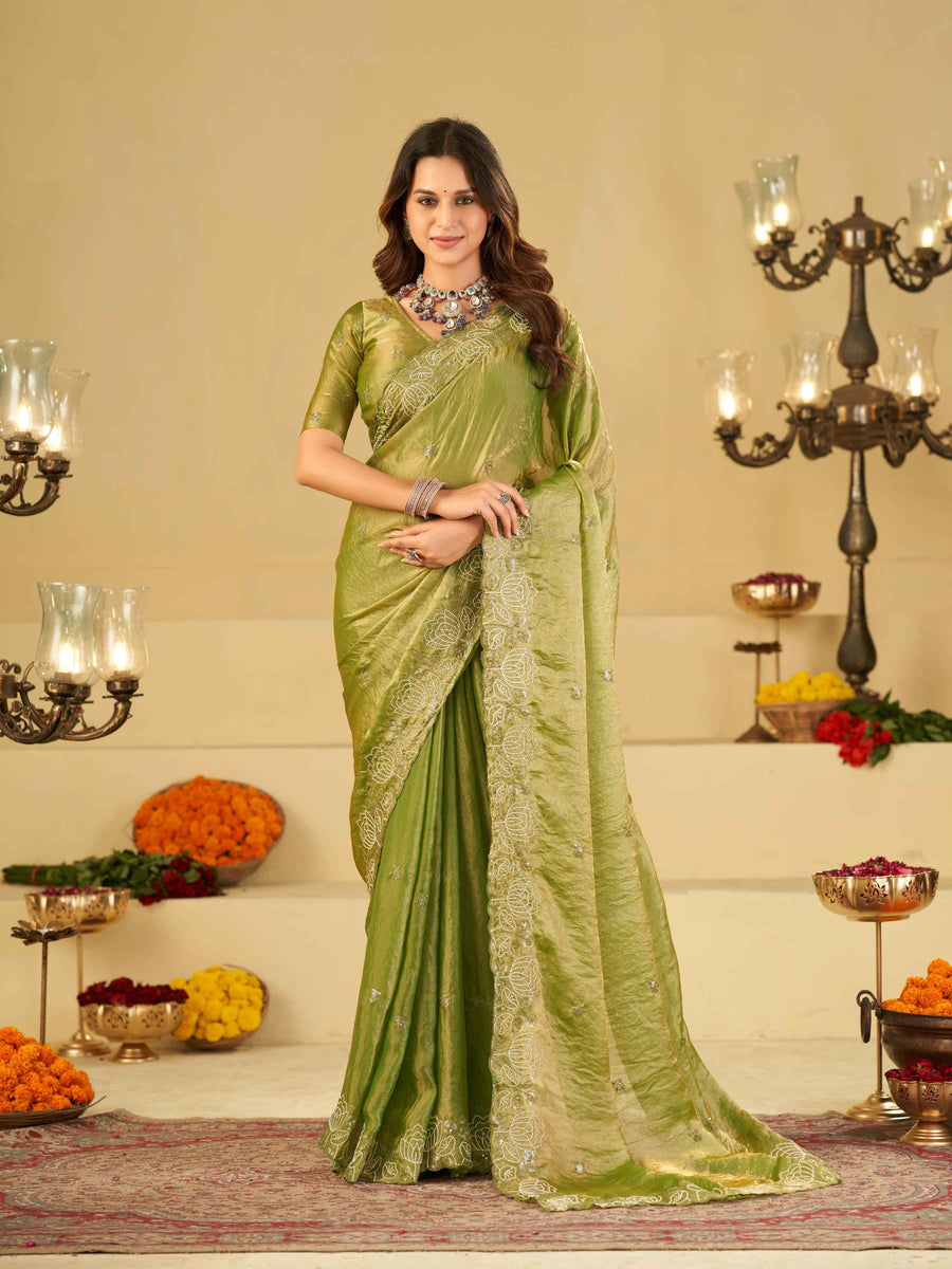 Pista Green Fendy Satin Saree with White Floral Embroidery Border | Designer Party Wear Saree with Blouse