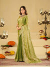 Pista Green Fendy Satin Saree with White Floral Embroidery Border | Designer Party Wear Saree with Blouse
