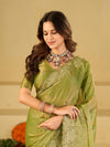 Pista Green Fendy Satin Saree with White Floral Embroidery Border | Designer Party Wear Saree with Blouse