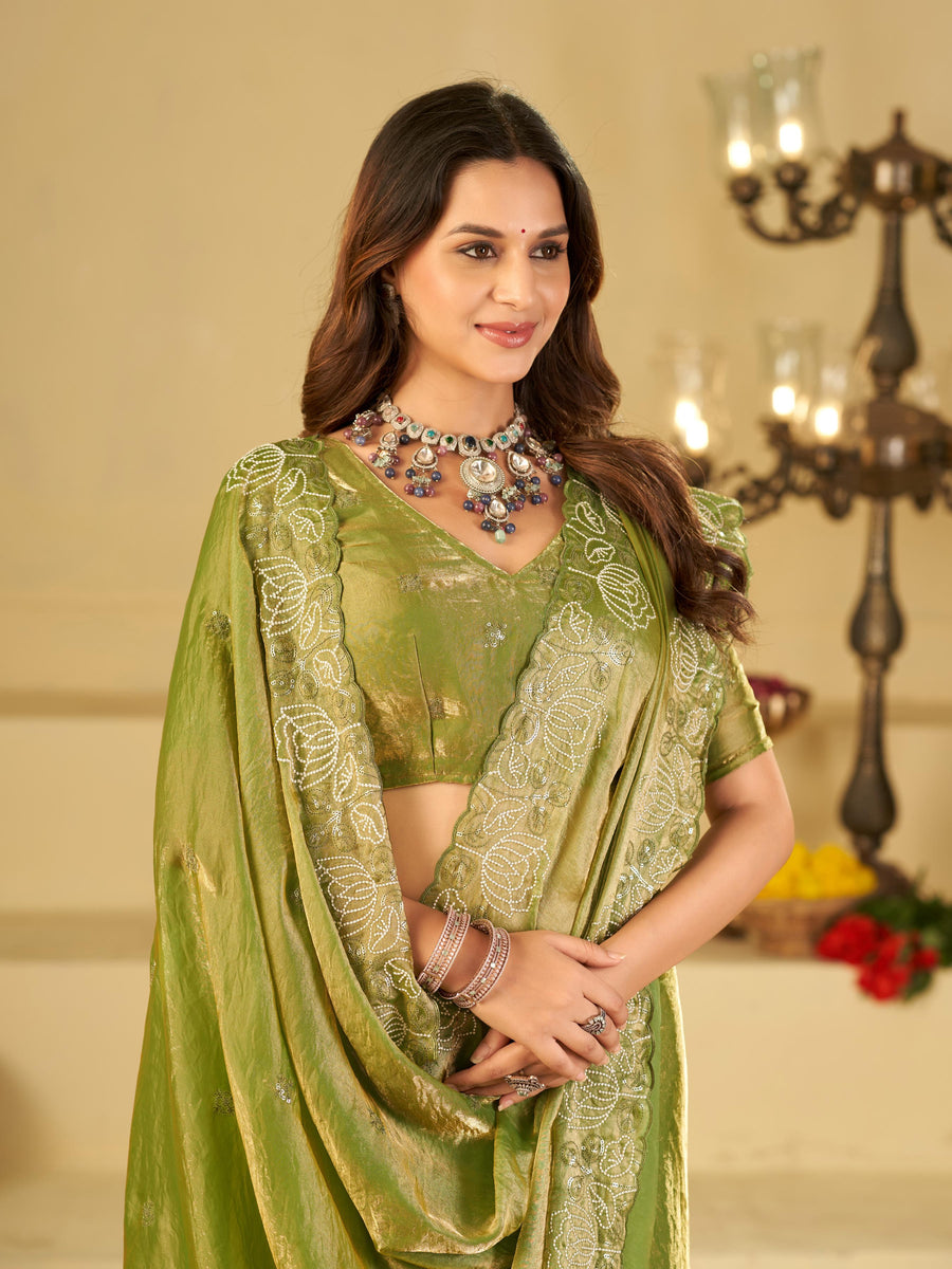 Pista Green Fendy Satin Saree with White Floral Embroidery Border | Designer Party Wear Saree with Blouse