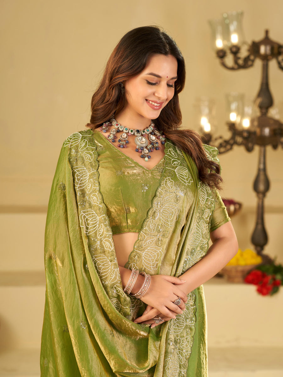 Pista Green Fendy Satin Saree with White Floral Embroidery Border | Designer Party Wear Saree with Blouse