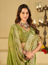 Pista Green Fendy Satin Saree with White Floral Embroidery Border | Designer Party Wear Saree with Blouse