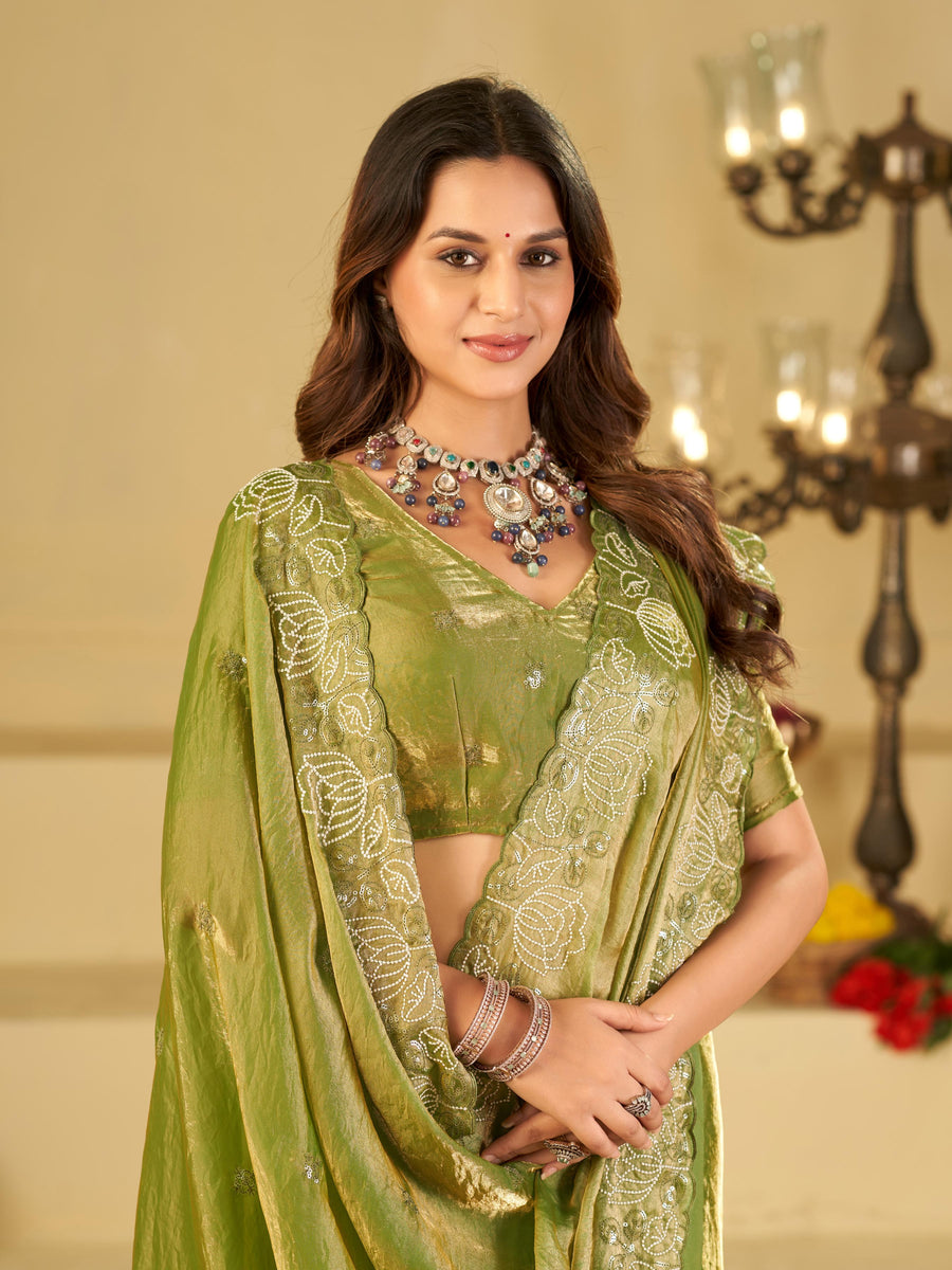 Pista Green Fendy Satin Saree with White Floral Embroidery Border | Designer Party Wear Saree with Blouse