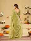 Pista Green Fendy Satin Saree with White Floral Embroidery Border | Designer Party Wear Saree with Blouse