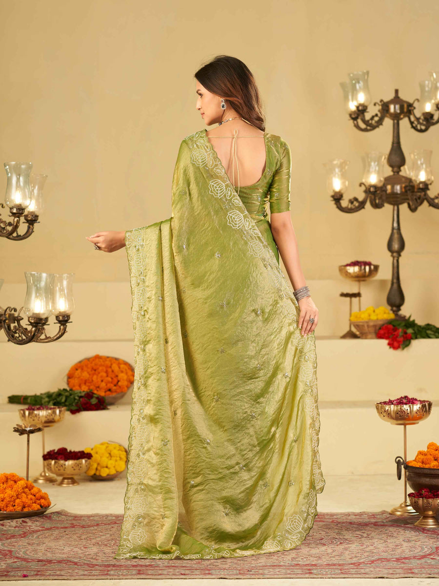Pista Green Fendy Satin Saree with White Floral Embroidery Border | Designer Party Wear Saree with Blouse