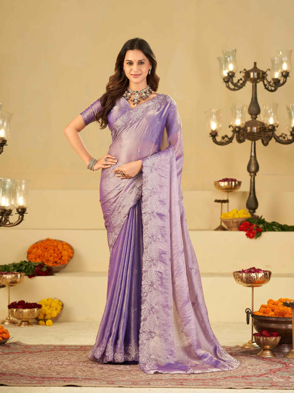 Lavender Purple Fendy Satin Saree with White Floral Embroidery Border | Designer Party Wear Saree with Blouse