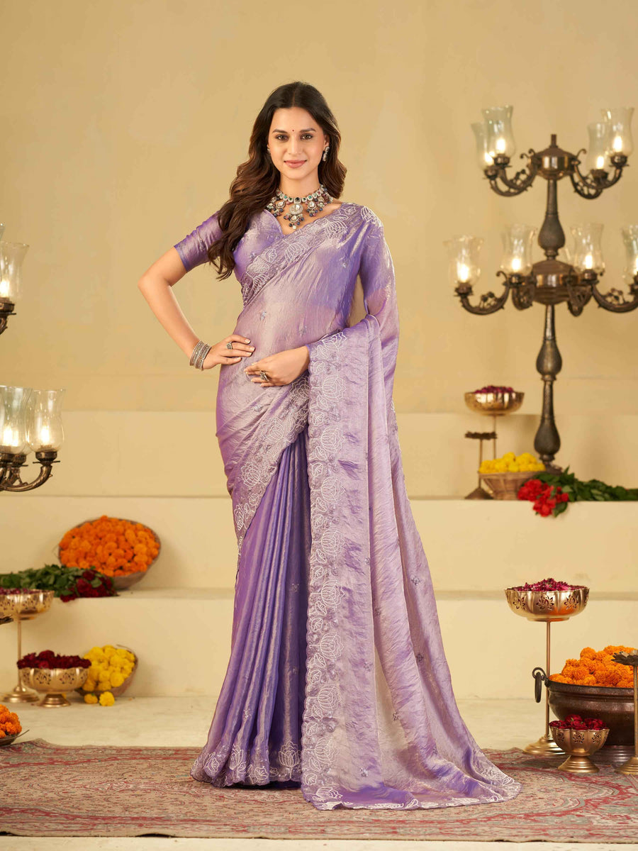 Lavender Purple Fendy Satin Saree with White Floral Embroidery Border | Designer Party Wear Saree with Blouse