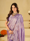 Lavender Purple Fendy Satin Saree with White Floral Embroidery Border | Designer Party Wear Saree with Blouse