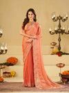 Peach Orange Fendy Satin Saree with White Floral Embroidery Border | Designer Party Wear Saree with Blouse