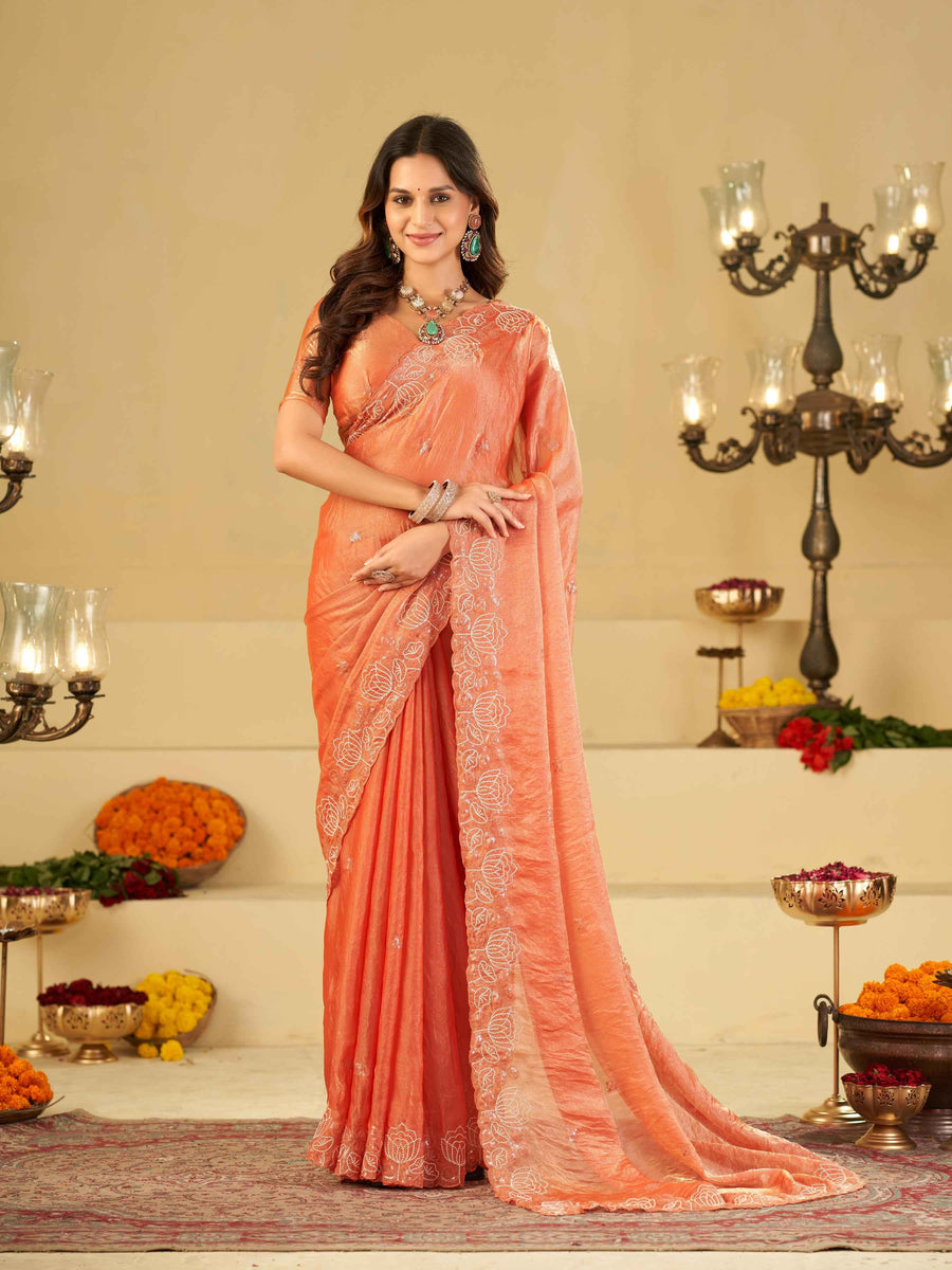 Peach Orange Fendy Satin Saree with White Floral Embroidery Border | Designer Party Wear Saree with Blouse