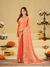 Peach Orange Fendy Satin Saree with White Floral Embroidery Border | Designer Party Wear Saree with Blouse