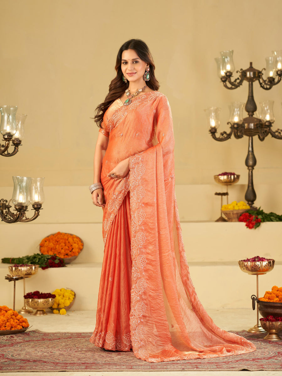 Peach Orange Fendy Satin Saree with White Floral Embroidery Border | Designer Party Wear Saree with Blouse