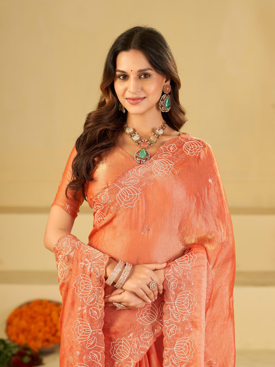 Peach Orange Fendy Satin Saree with White Floral Embroidery Border | Designer Party Wear Saree with Blouse