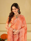 Peach Orange Fendy Satin Saree with White Floral Embroidery Border | Designer Party Wear Saree with Blouse