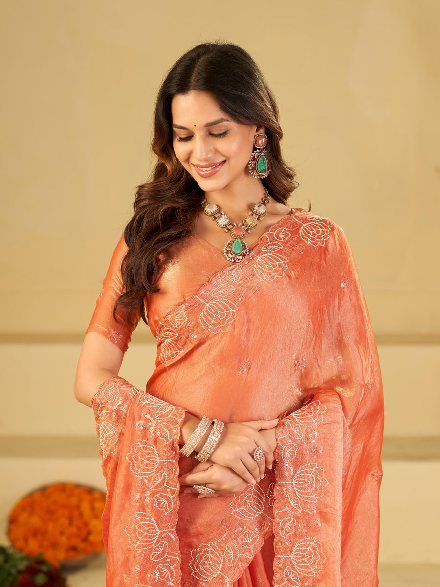 Peach Orange Fendy Satin Saree with White Floral Embroidery Border | Designer Party Wear Saree with Blouse
