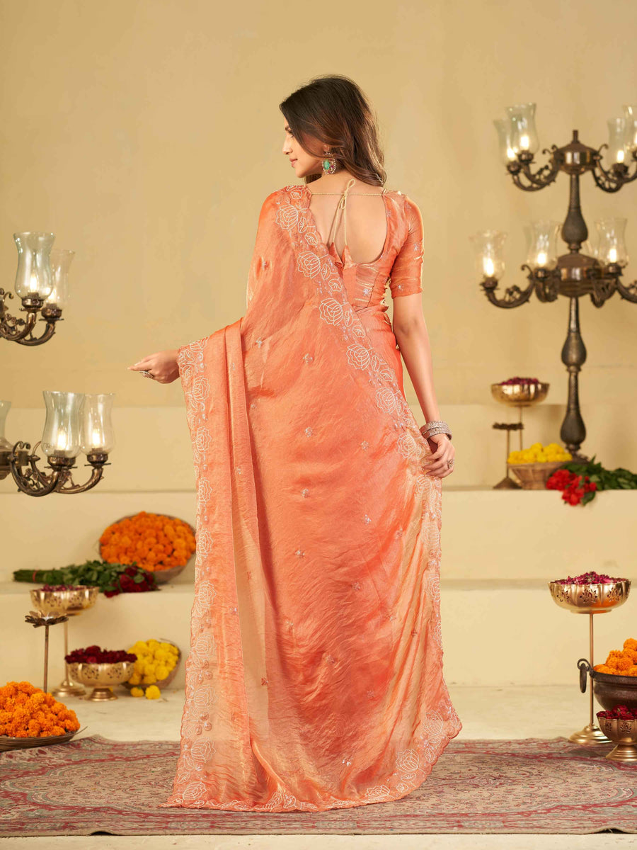 Peach Orange Fendy Satin Saree with White Floral Embroidery Border | Designer Party Wear Saree with Blouse
