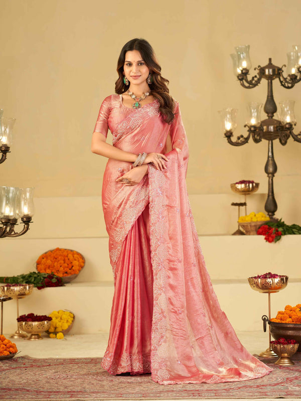 Baby Pink Fendy Satin Saree with White Floral Embroidery Border | Designer Party Wear Saree with Blouse