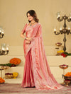Baby Pink Fendy Satin Saree with White Floral Embroidery Border | Designer Party Wear Saree with Blouse