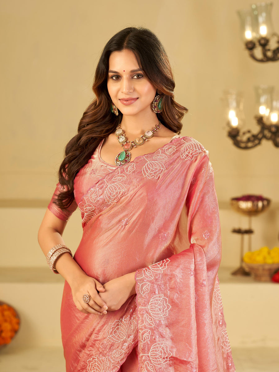 Baby Pink Fendy Satin Saree with White Floral Embroidery Border | Designer Party Wear Saree with Blouse
