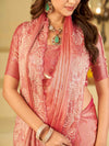 Baby Pink Fendy Satin Saree with White Floral Embroidery Border | Designer Party Wear Saree with Blouse