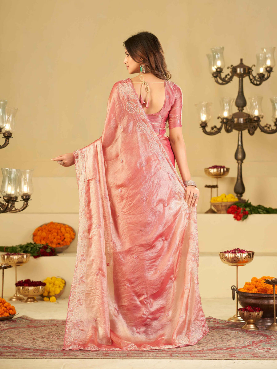 Baby Pink Fendy Satin Saree with White Floral Embroidery Border | Designer Party Wear Saree with Blouse