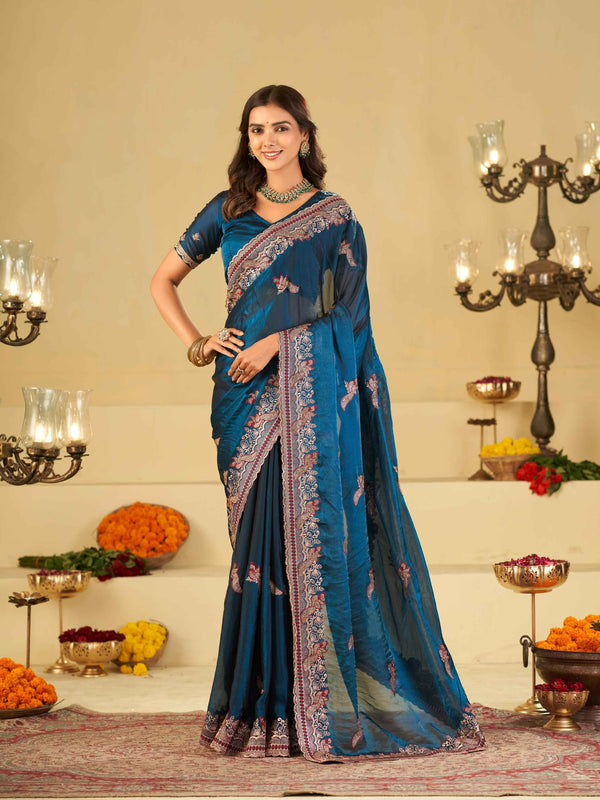 Royal Blue Designer Fendy Satin Saree with Heavy Embroidered Border | Premium Festive Party Wear Saree with Intricate Embroidery & Matching Blouse