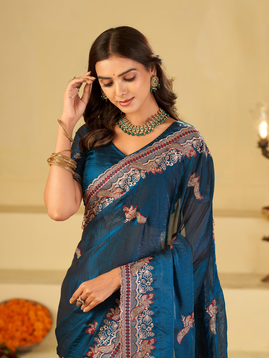 Royal Blue Designer Fendy Satin Saree with Heavy Embroidered Border | Premium Festive Party Wear Saree with Intricate Embroidery & Matching Blouse
