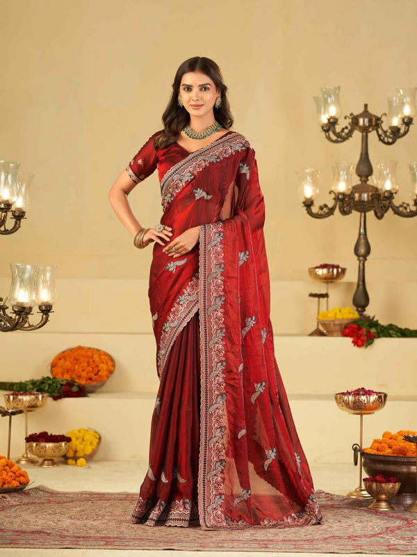 Maroon Designer Fendy Satin Saree with Heavy Embroidered Border | Premium Wedding Party Wear Saree with Intricate Embroidery & Matching Blouse