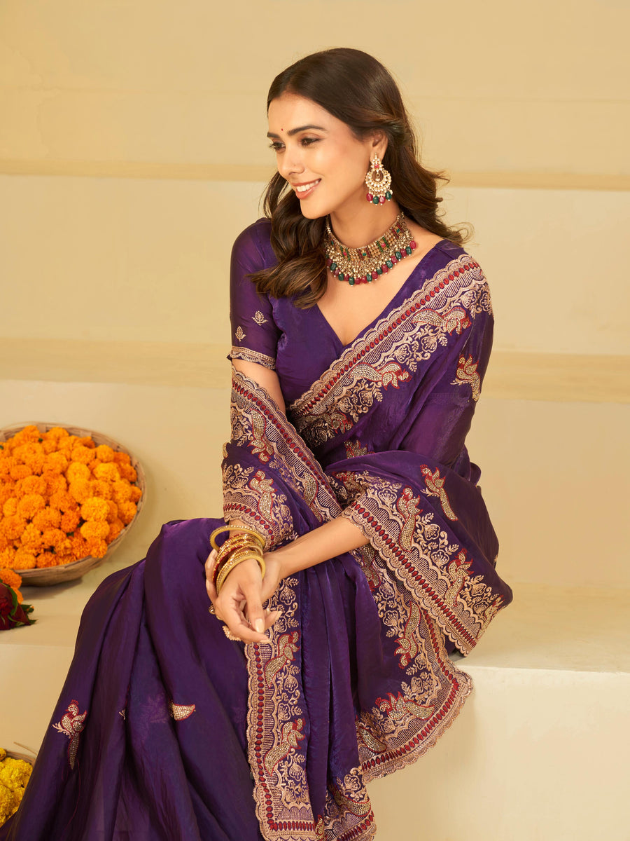 Royal Purple Designer Fendy Satin Saree with Heavy Embroidered Border | Premium Festive Party Wear Saree with Intricate Embroidery & Matching Blouse