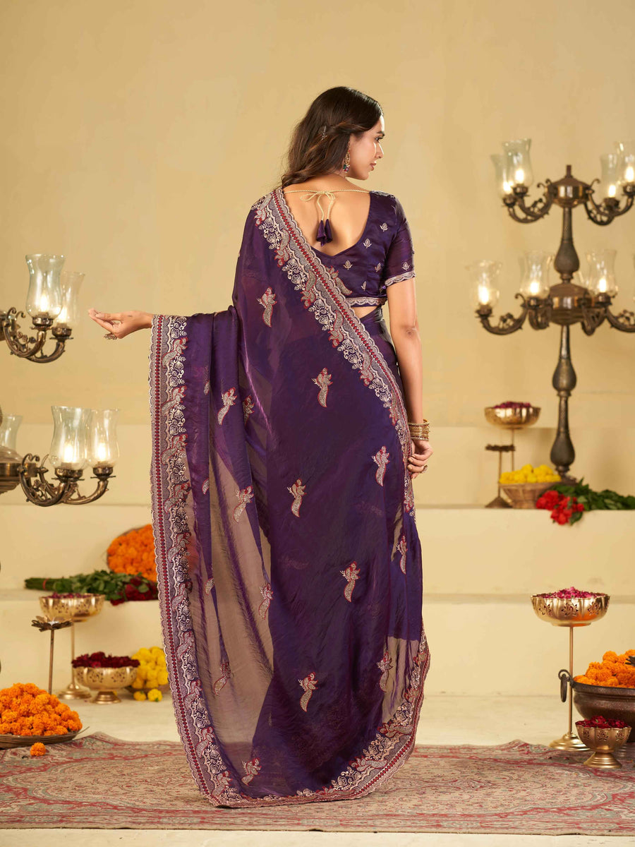 Royal Purple Designer Fendy Satin Saree with Heavy Embroidered Border | Premium Festive Party Wear Saree with Intricate Embroidery & Matching Blouse